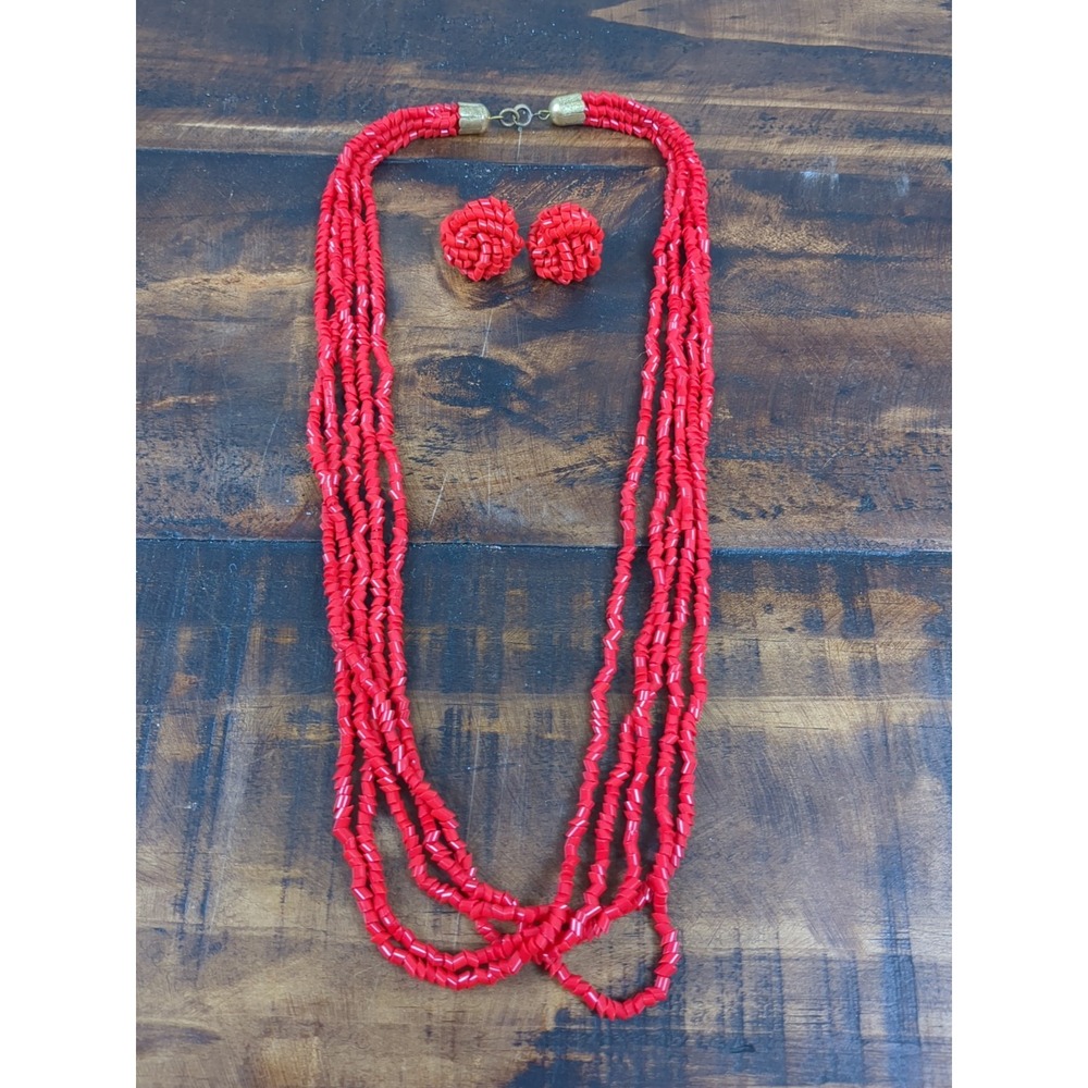 Red Beaded Multi Strand‎ Necklace w Matching Earrings